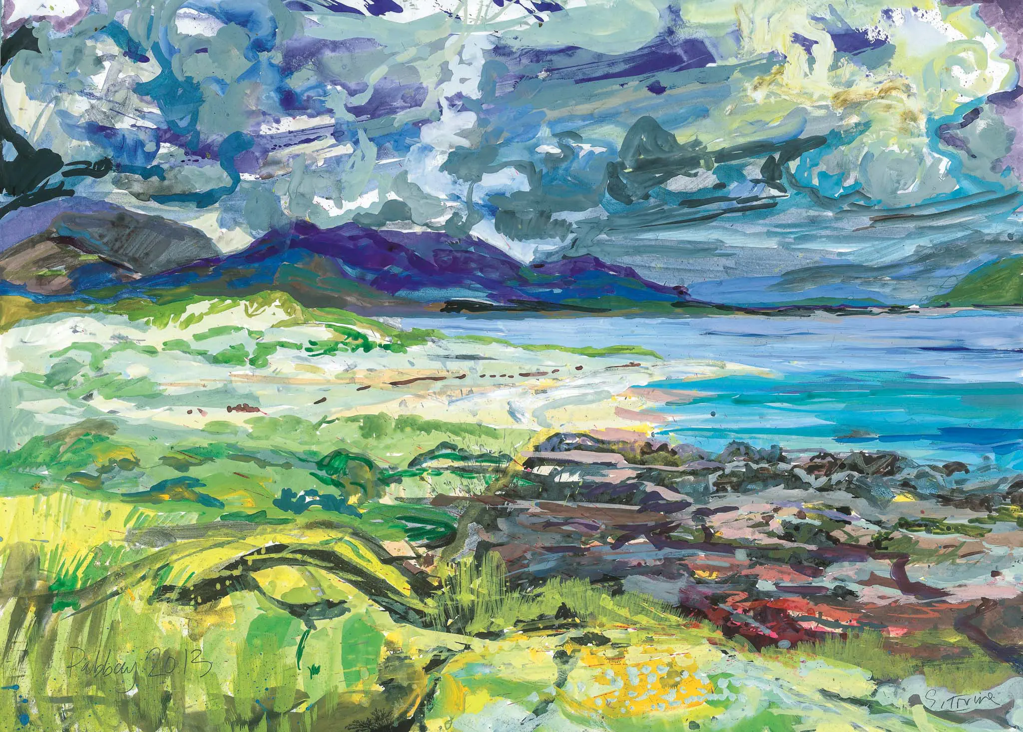 Mixed media painting of seascape Pabbay