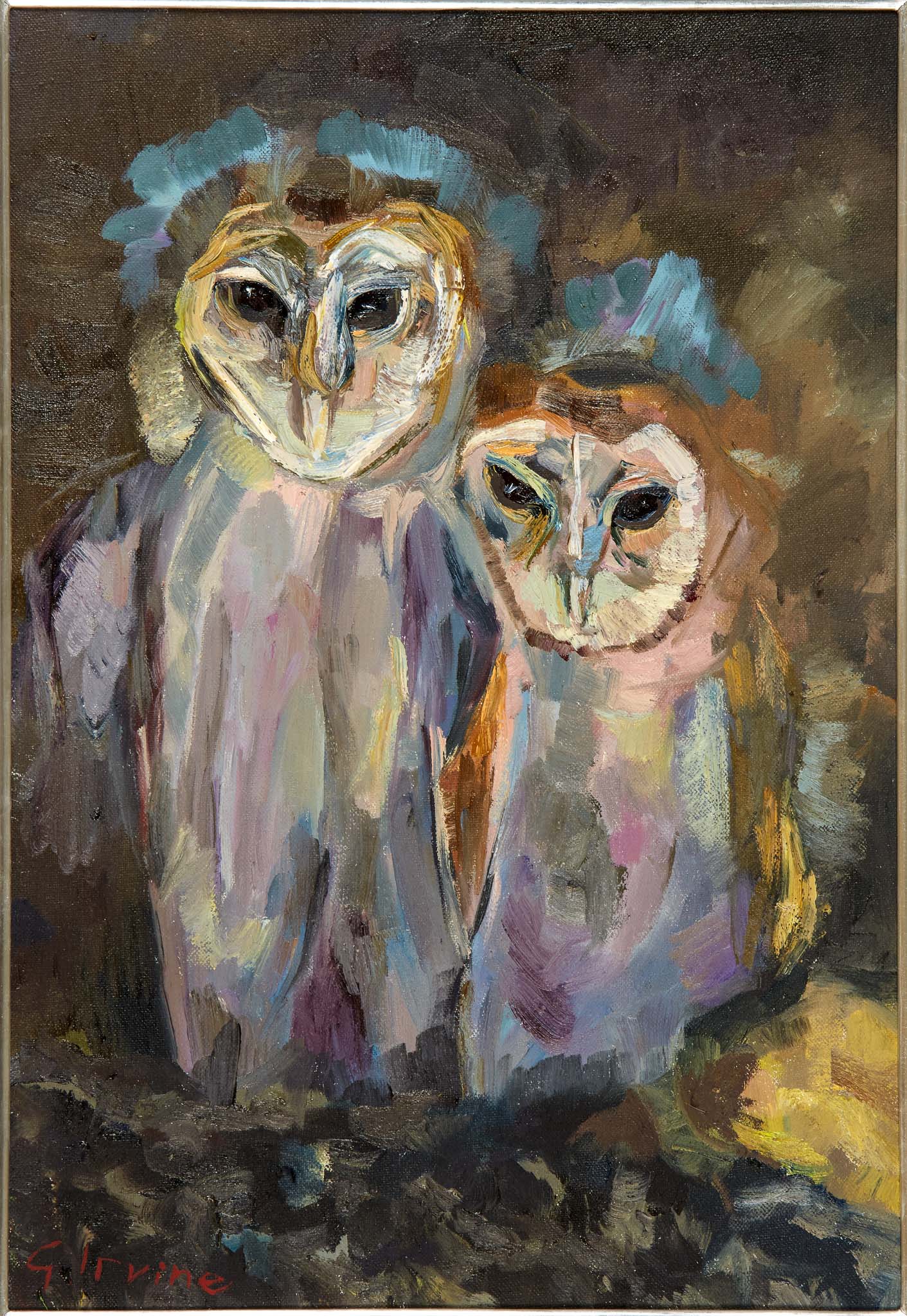 oil painting of Barn Owls at Leys farm Oxfordshire